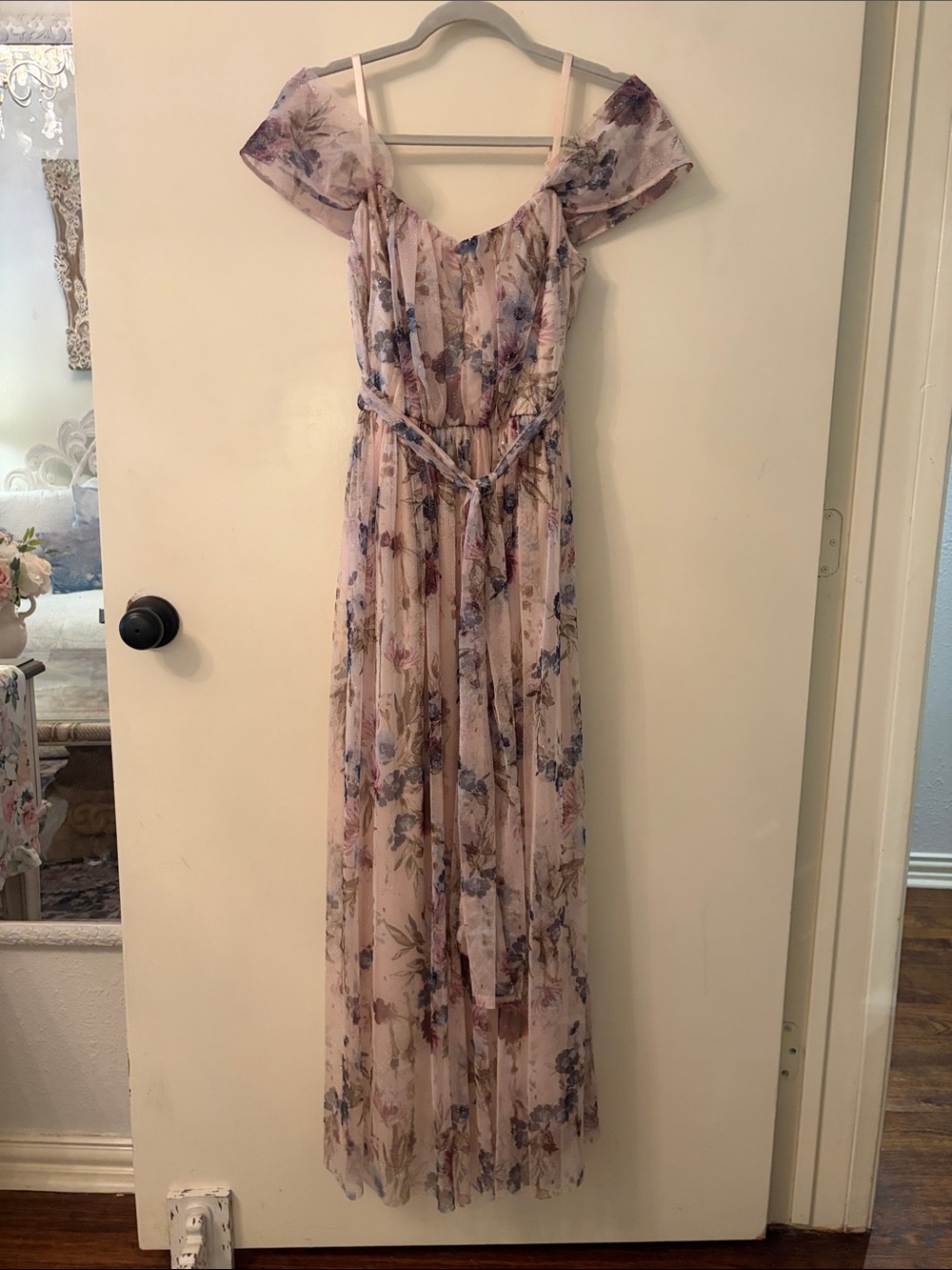 Romantic Blush Pink Floral Maxi Dress with Tie Waist